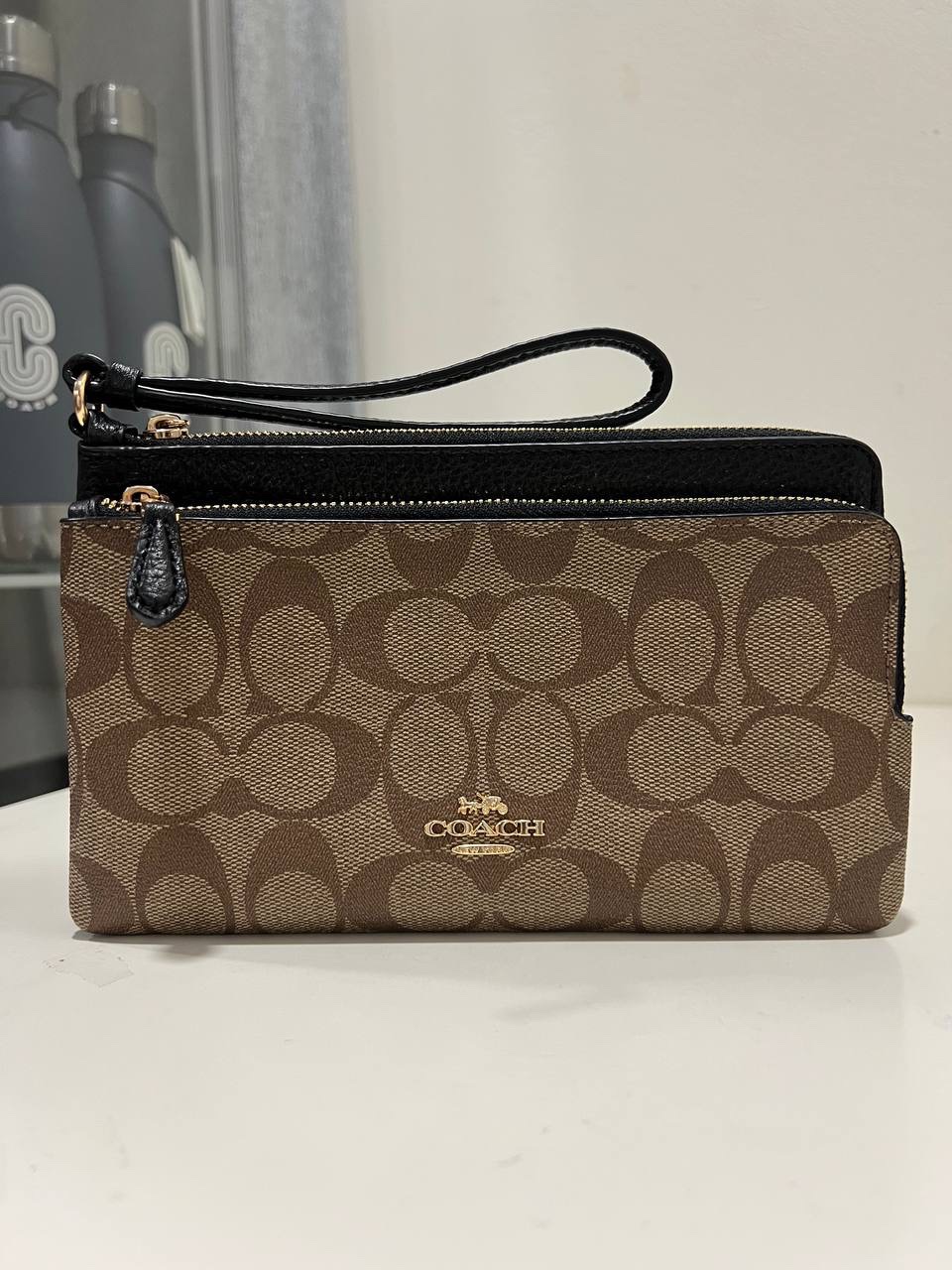 Coach Double Zip Large Wristlet in Signature Khaki/ Black
