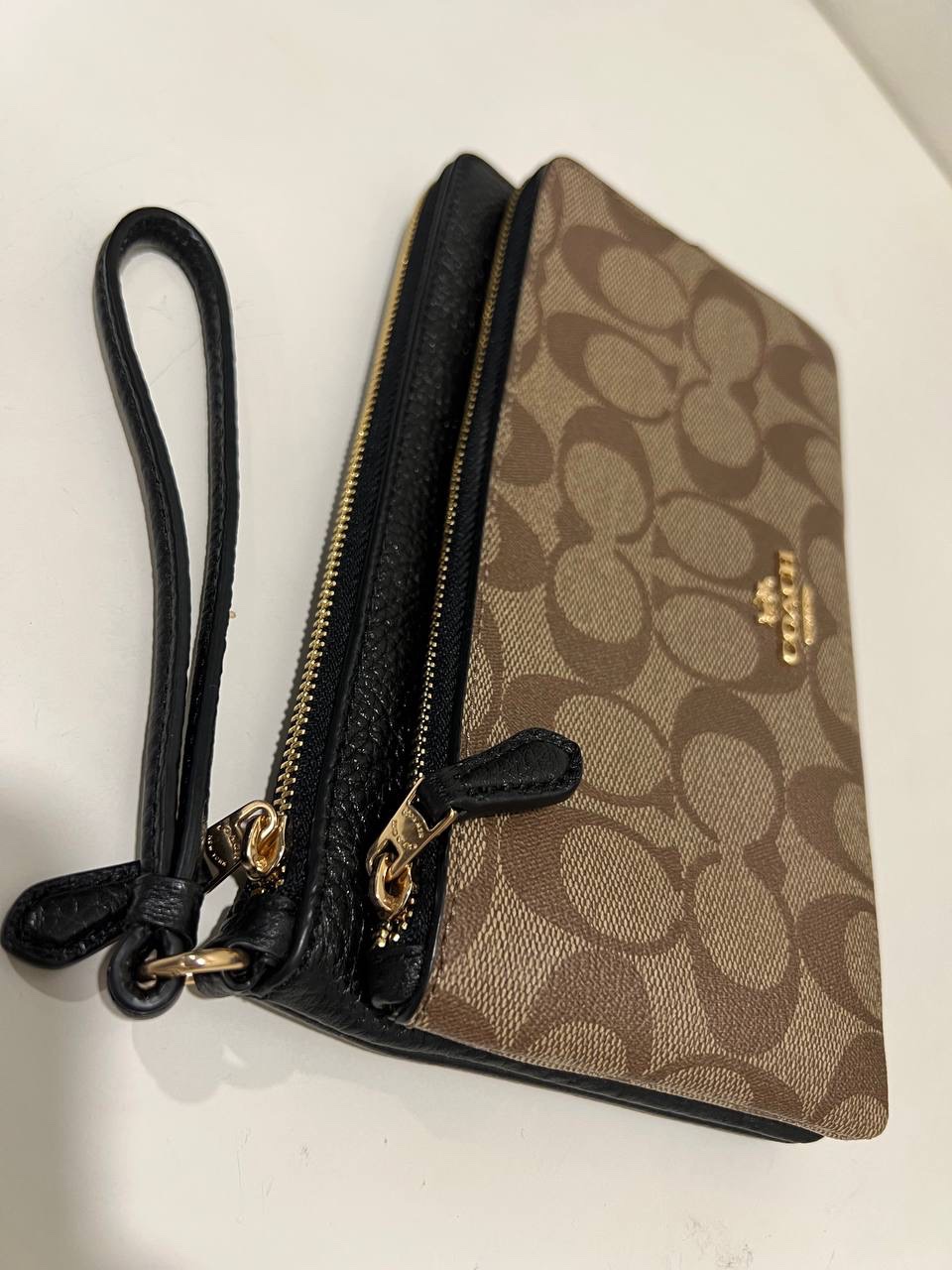 Coach Double Zip Large Wristlet in Signature Khaki/ Black - Image 2