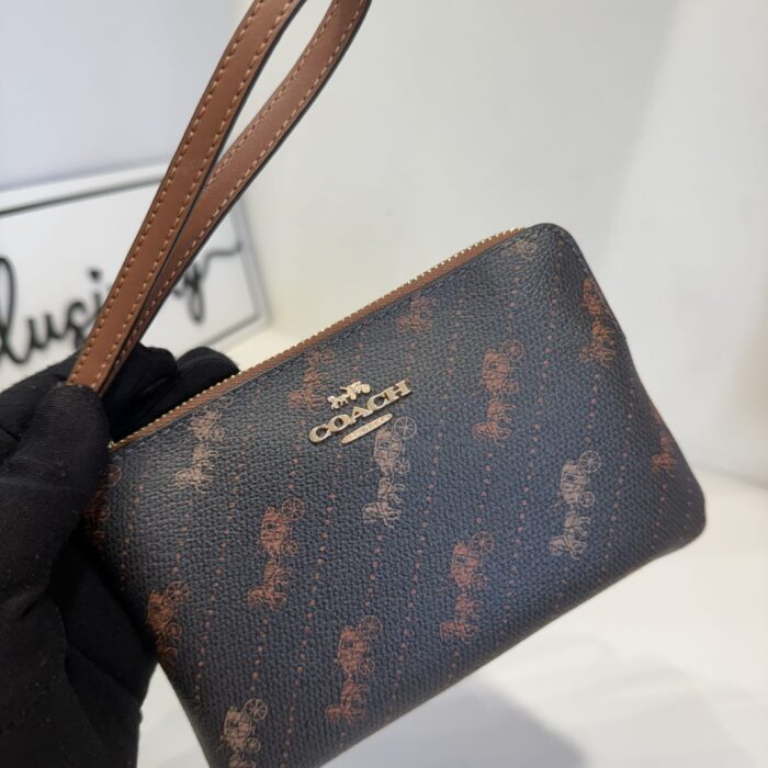 Coach Corner Zip Small Wristlet with Horse and Carriage Prints Black
