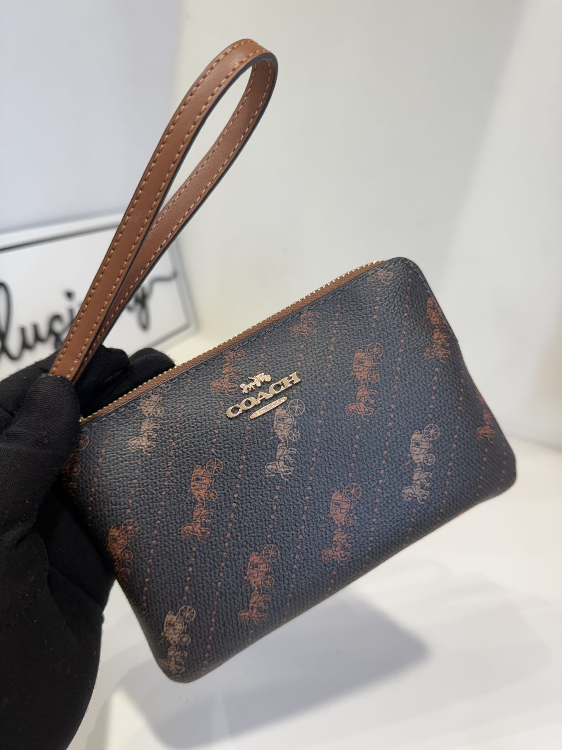 Coach Corner Zip Small Wristlet with Horse and Carriage Prints Black