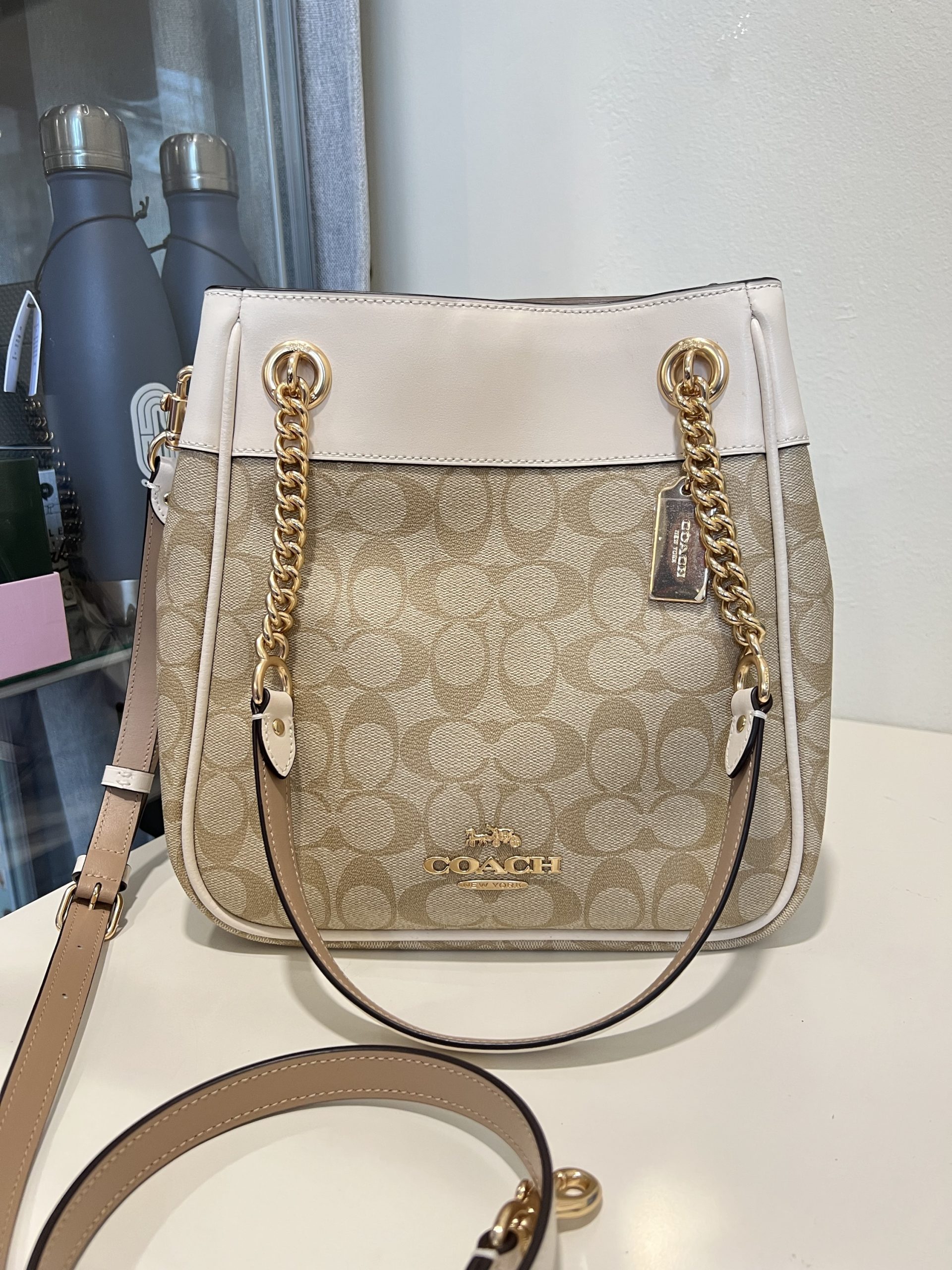 Coach Cammie Chain Bucket Bag in Signature Light Khaki Chalk ...