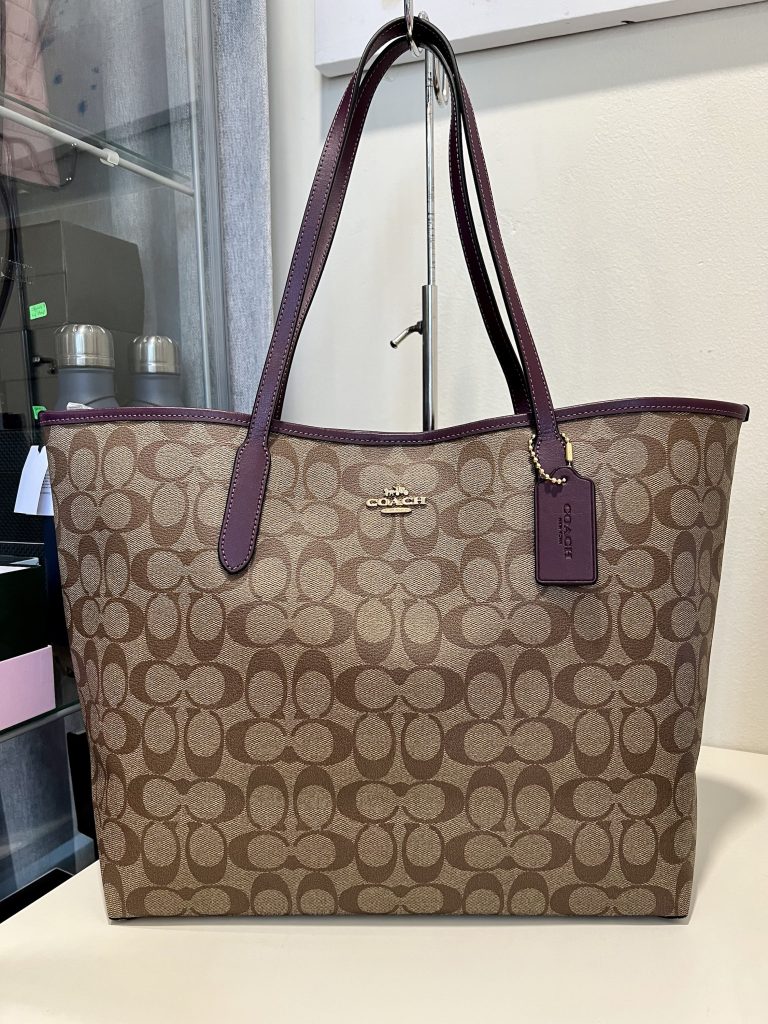 Coach (5696) Signature Coated Canvas Khaki Boysenberry City Tote Shoulder Bag