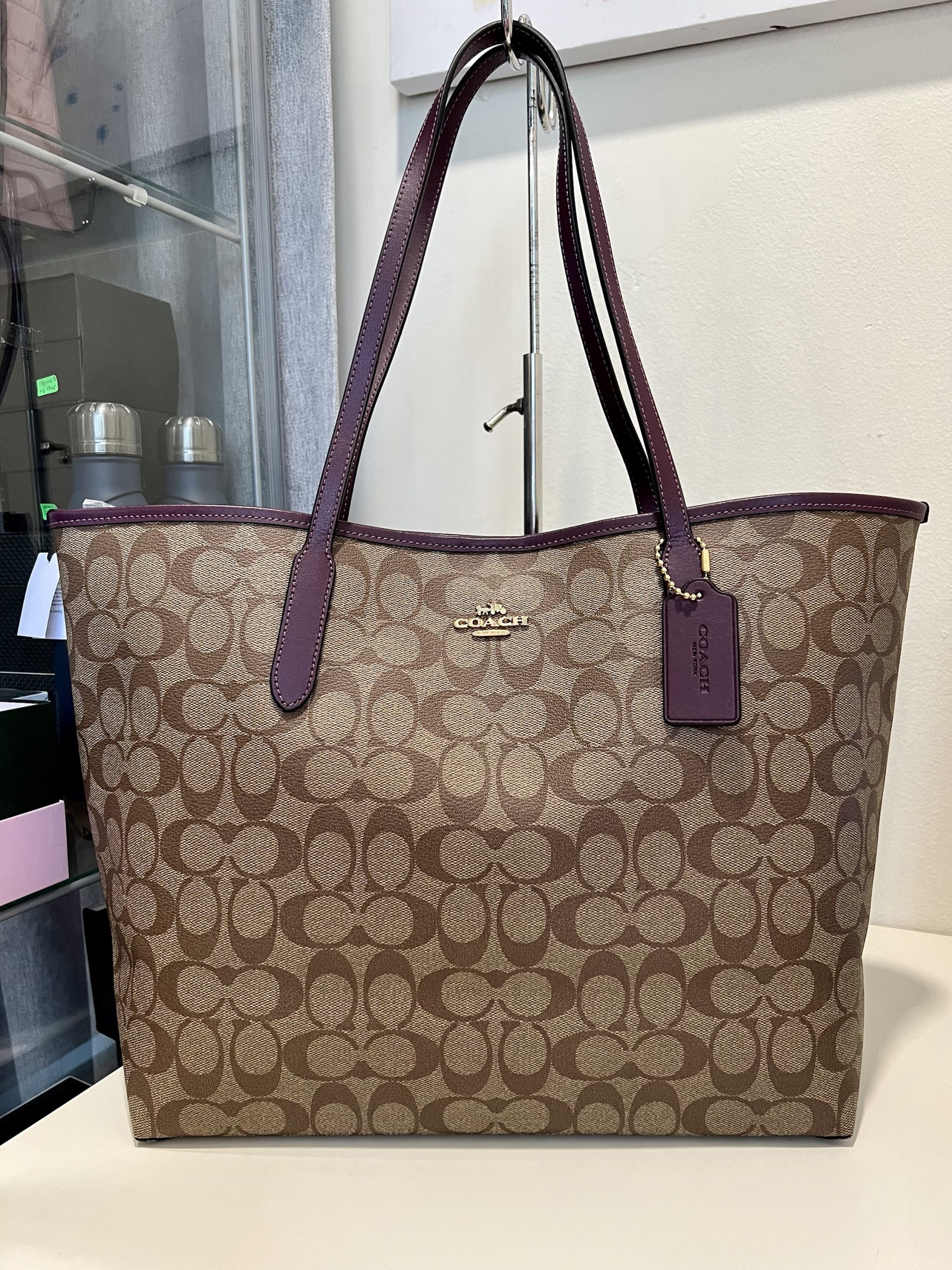 Coach City Tote in Signature Khaki/Boysenberry – Exclusively USA