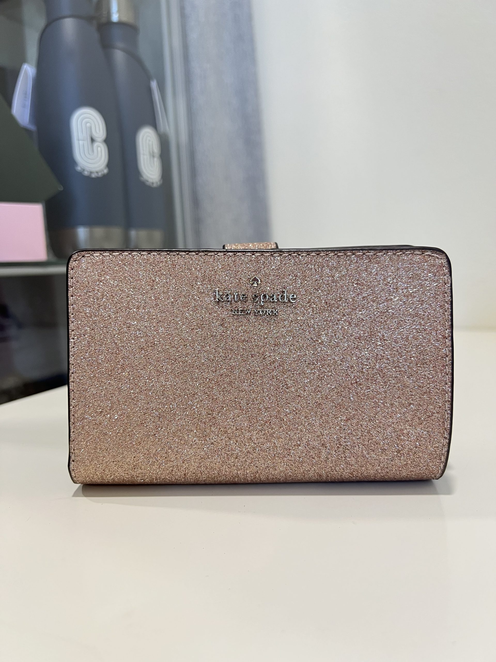 Kate Spade Tinsel Glitter Boxed Medium Compact Bifold Wallet in Rose