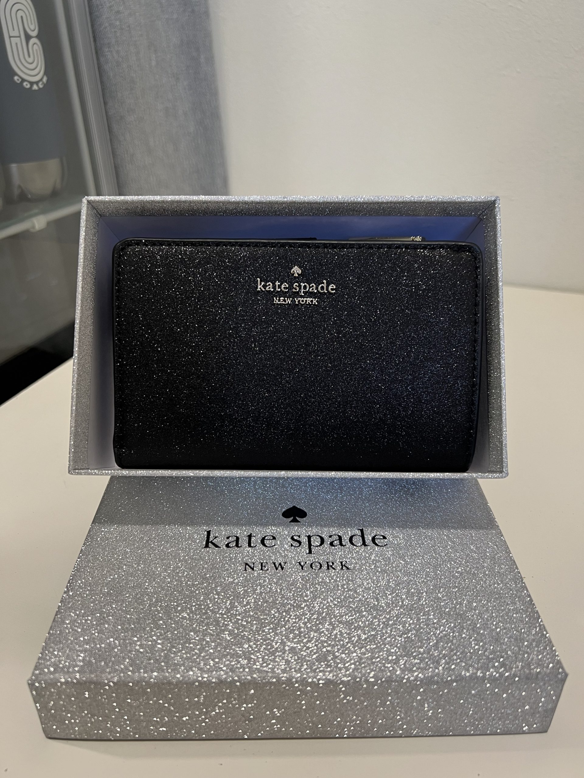Kate Spade Tinsel Glitter Boxed Medium Compact Bifold Wallet in Black