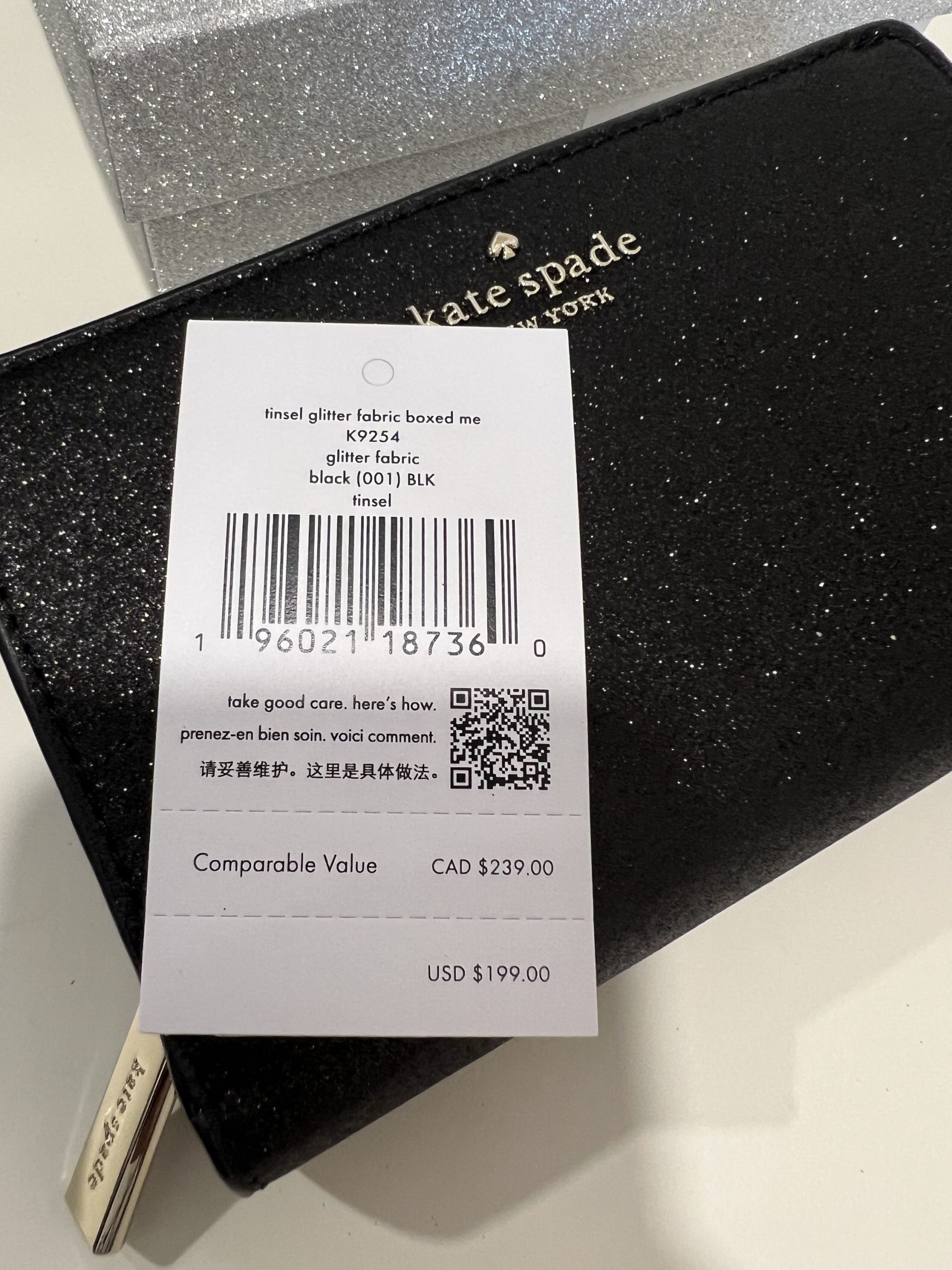 Kate Spade Tinsel Glitter Boxed Medium Compact Bifold Wallet in Black