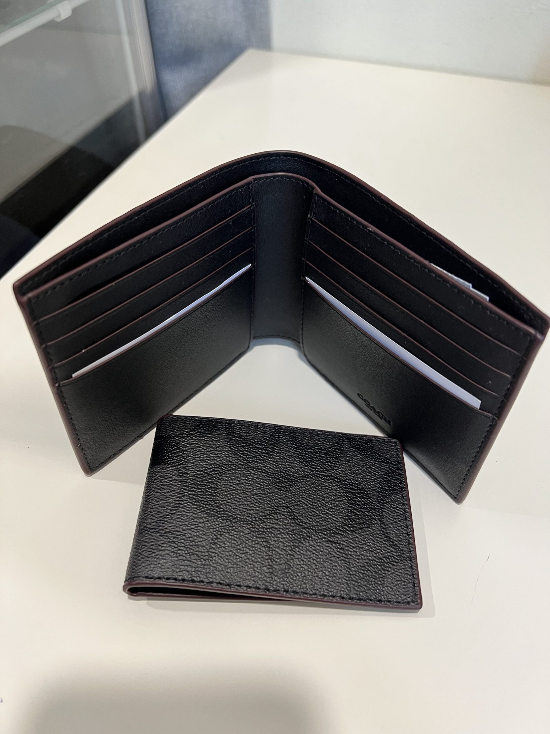 Coach Compact ID Wallet in Signature Black/Oxblood Exclusively USA