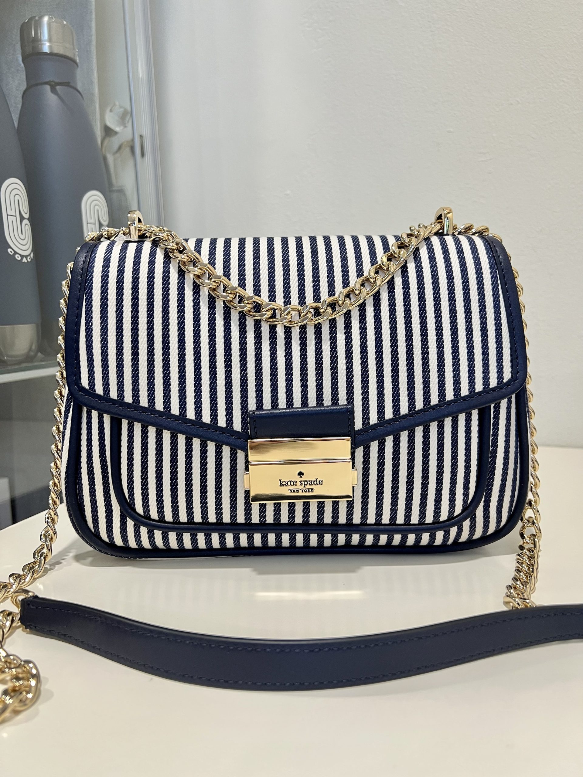 Kate Spade Carey Small Flap Shoulder Bag With Striped Canvas In Blue Multi Exclusively Usa