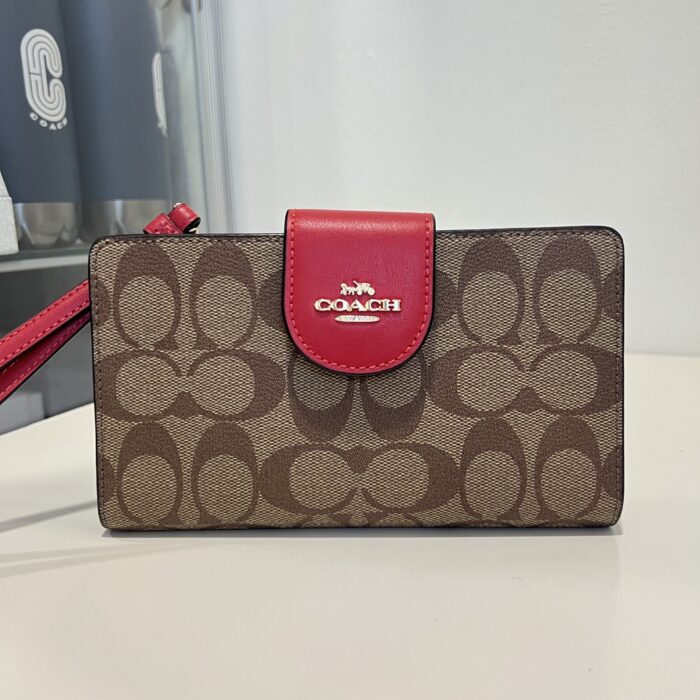 Coach Tech Wallet In Colorblock Signature Khaki Red