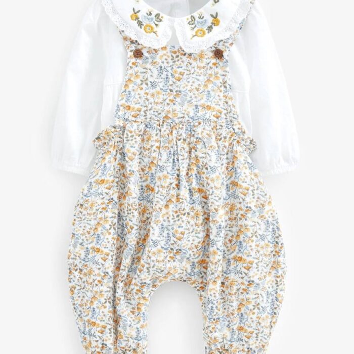 Next 2 Piece Floral Woven Dungarees and Collared Bodysuit (6-9months)