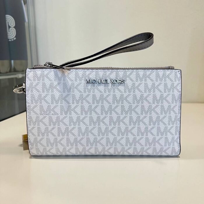 Michael Kors Jet Set Travel Large Double Zip Wristlet in Signature Bright White