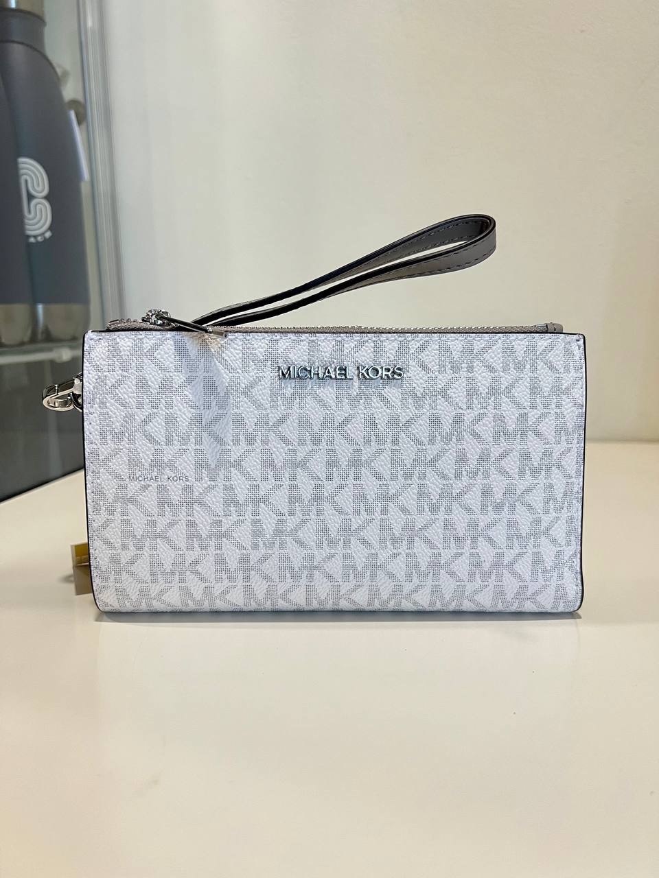 Michael Kors Jet Set Travel Large Double Zip Wristlet in Signature Bright White