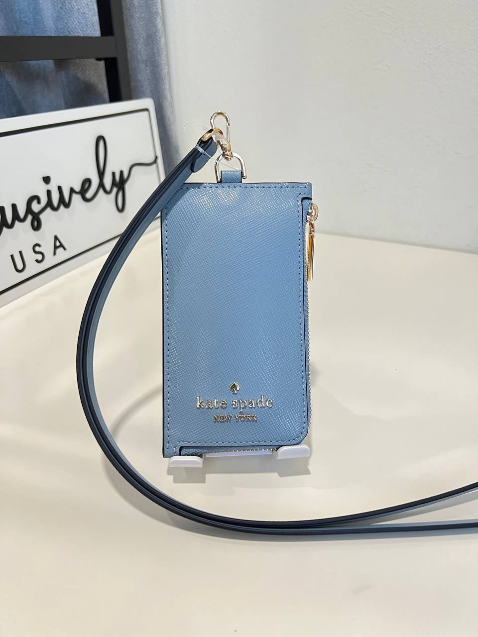 Kate Spade Madison Card Case Lanyard in Polished Blue Exclusively USA