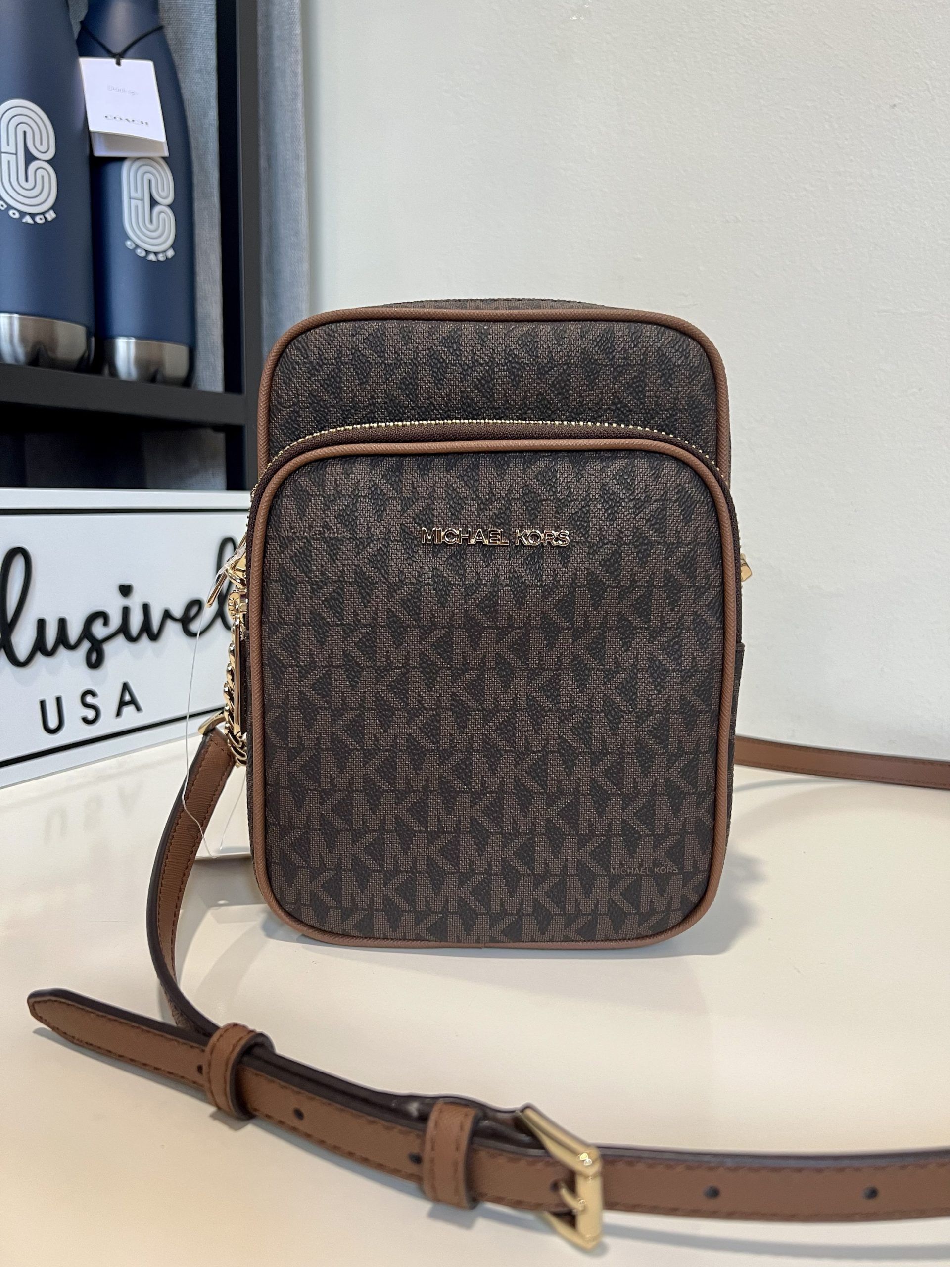 Michael Kors Jet Set Travel Medium NS Chain Crossbody in Signature Brown