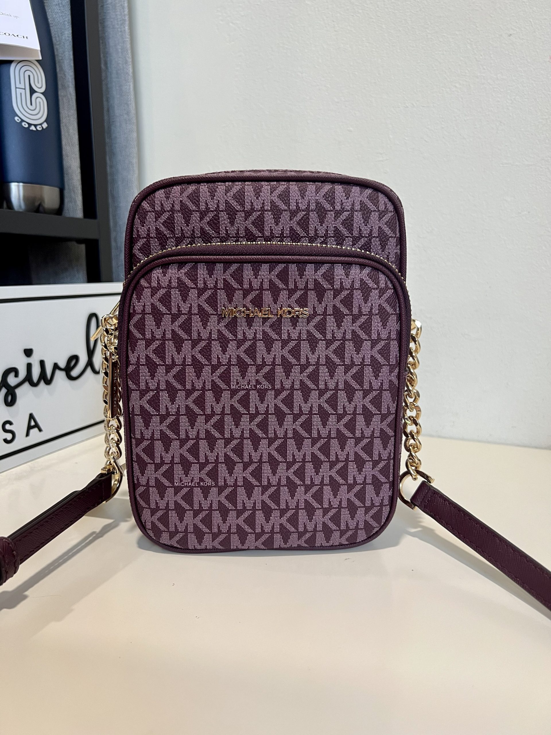 Michael Kors Jet Set Travel Medium NS Chain Crossbody in Signature Bordeaux Multi