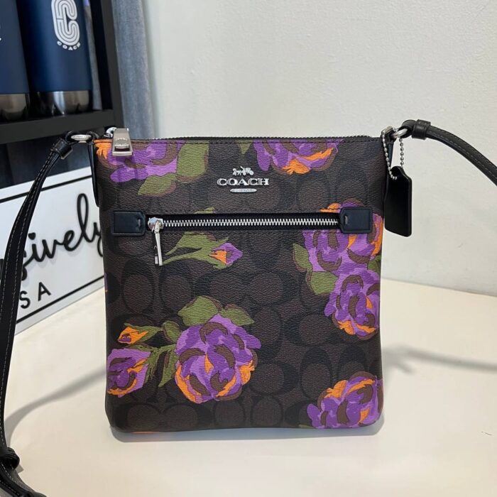 Coach Mini Rowan File Bag In Signature Canvas With Rose Print in Brown/ Iris Multi