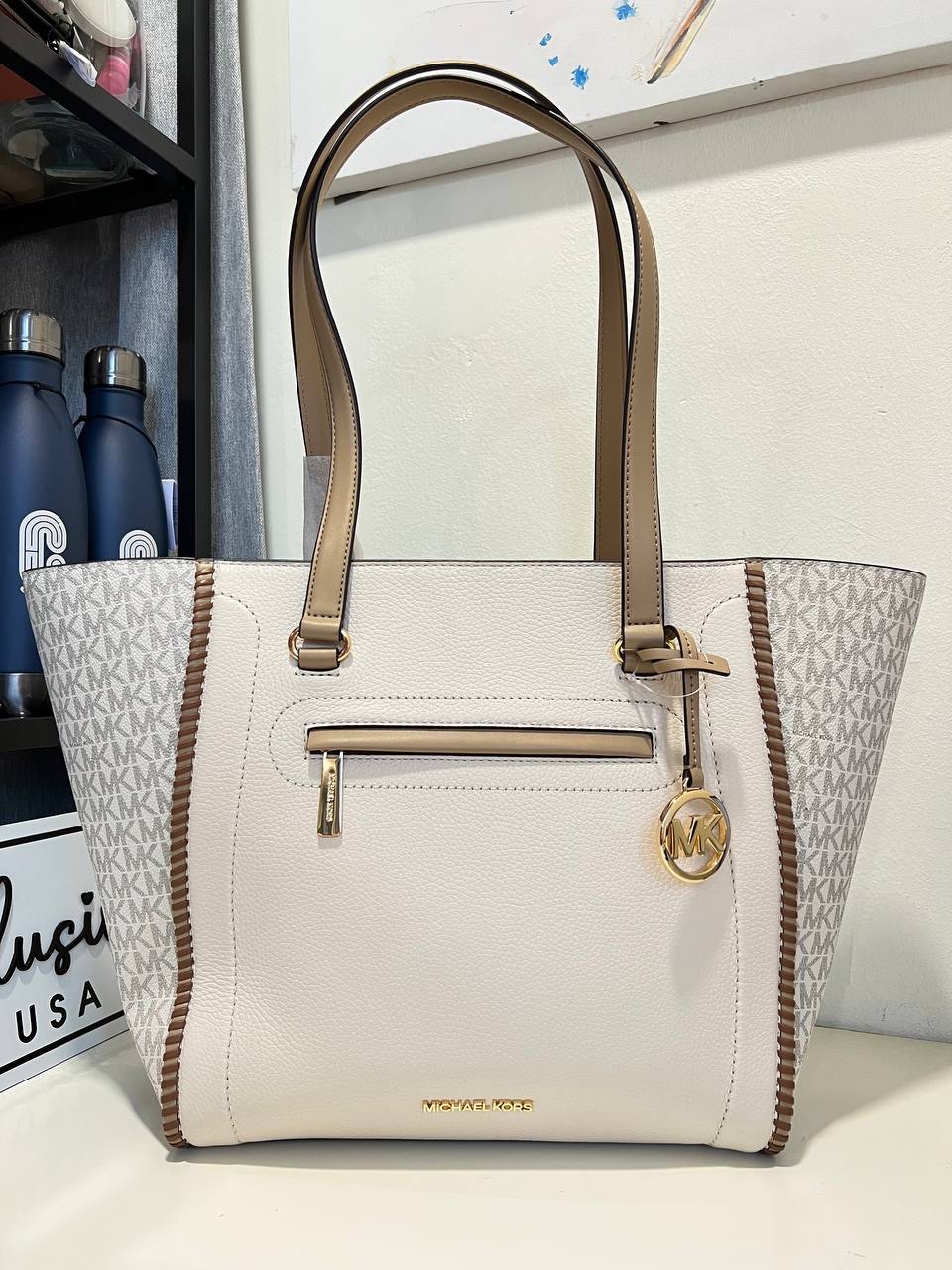Michael Kors Carine Large Front Zip Tote in Light Cream Multi