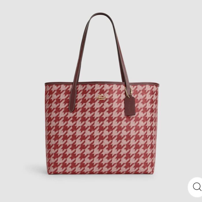 Coach City Tote With Houndstooth Print in Pink/Red