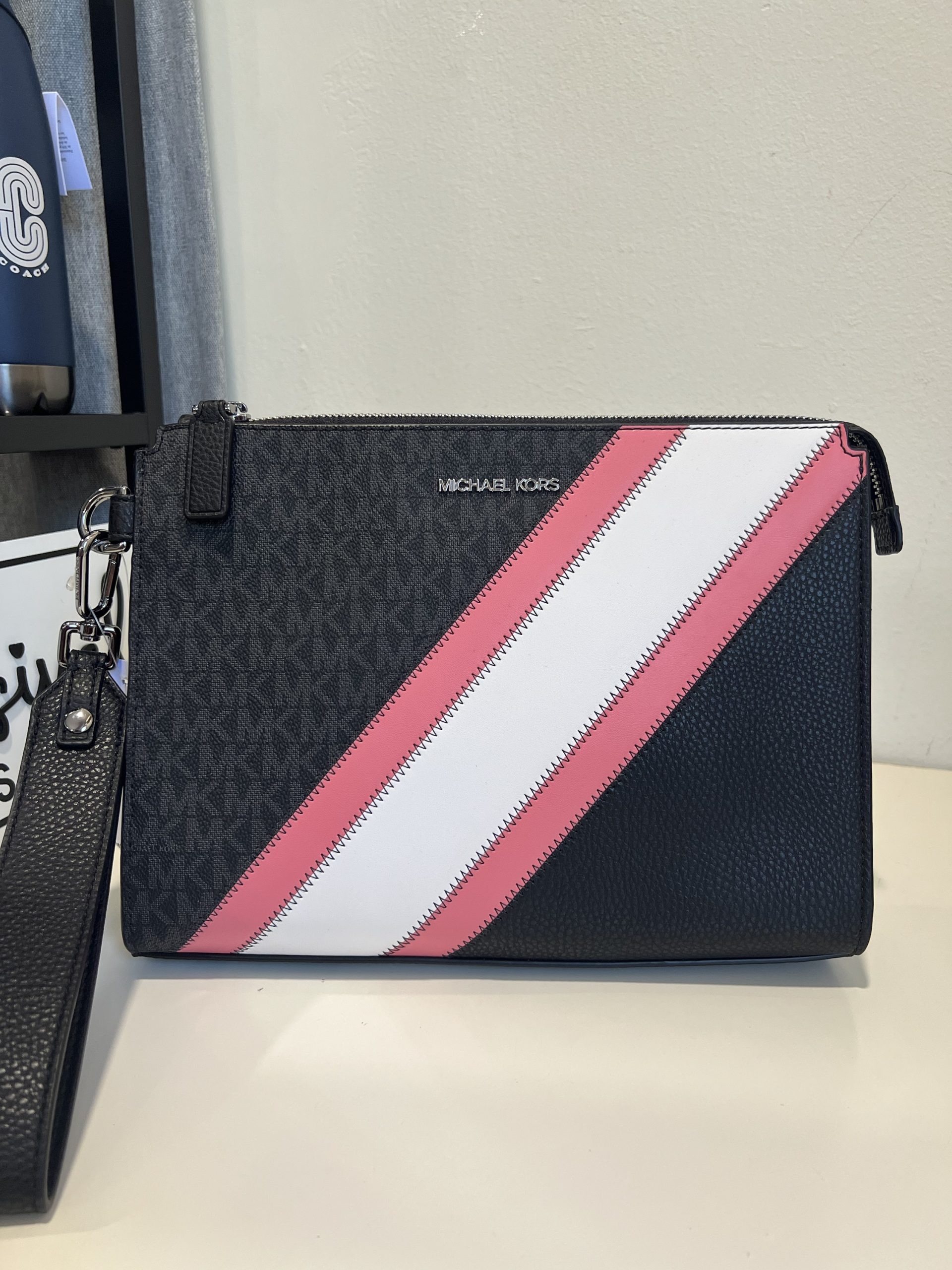 Michael michael kors large logo stripe hot sale zip pouch