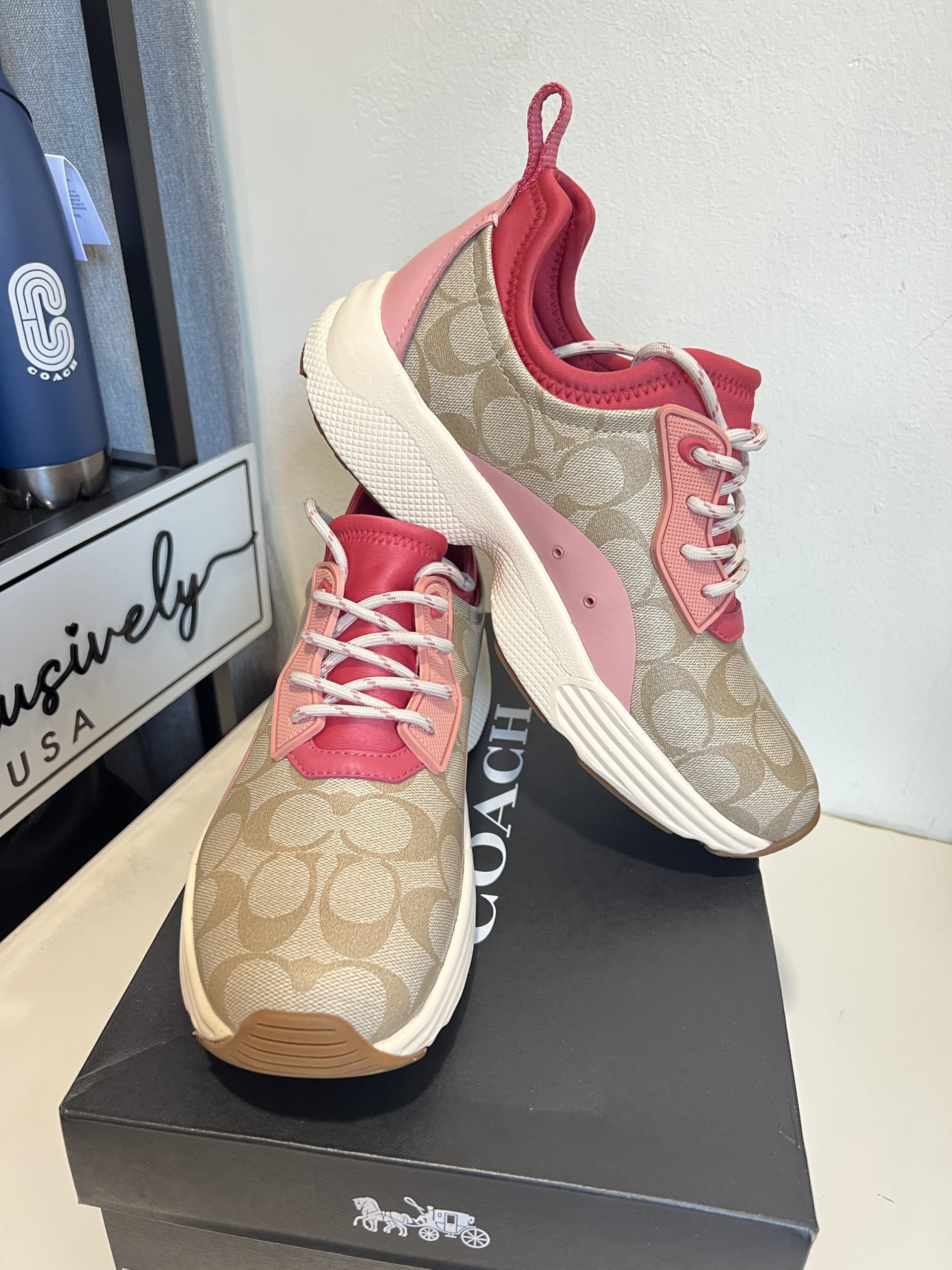 Coach C270 Signature Tech Runner Shoes in Light Khaki/ Watermelon US9.5
