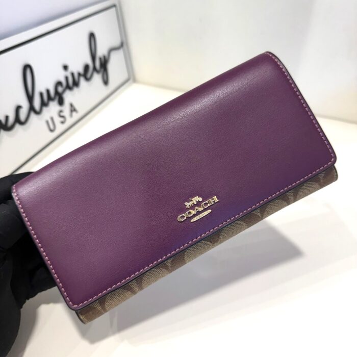 Coach Trifold Wallet in Signature Khaki / Deep Berry
