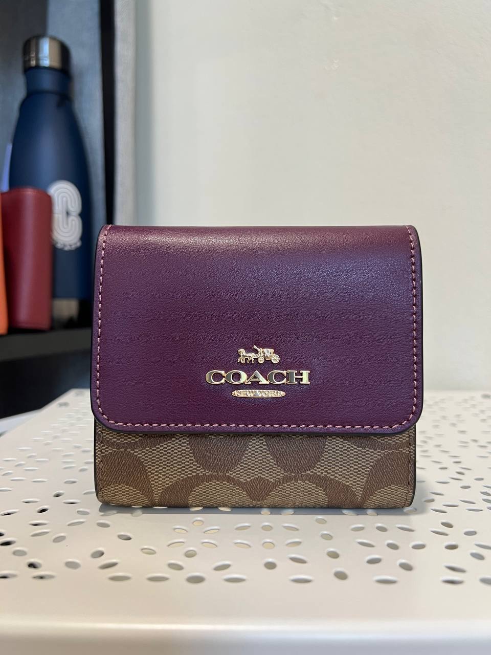 Coach Small Trifold Wallet in Signature Khaki / Deep Berry