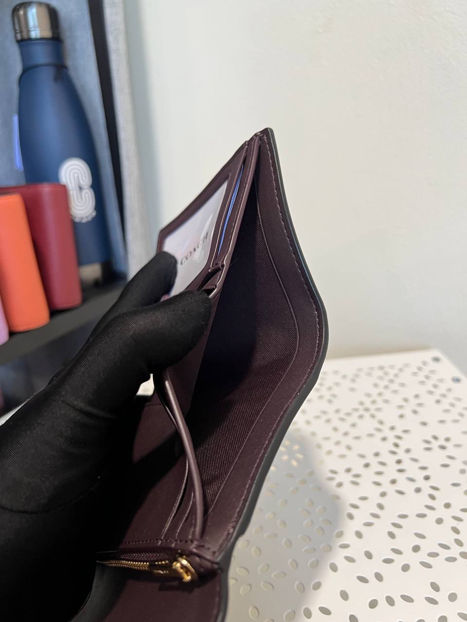 Coach Small Trifold Wallet in Signature Khaki / Deep Berry - Image 2