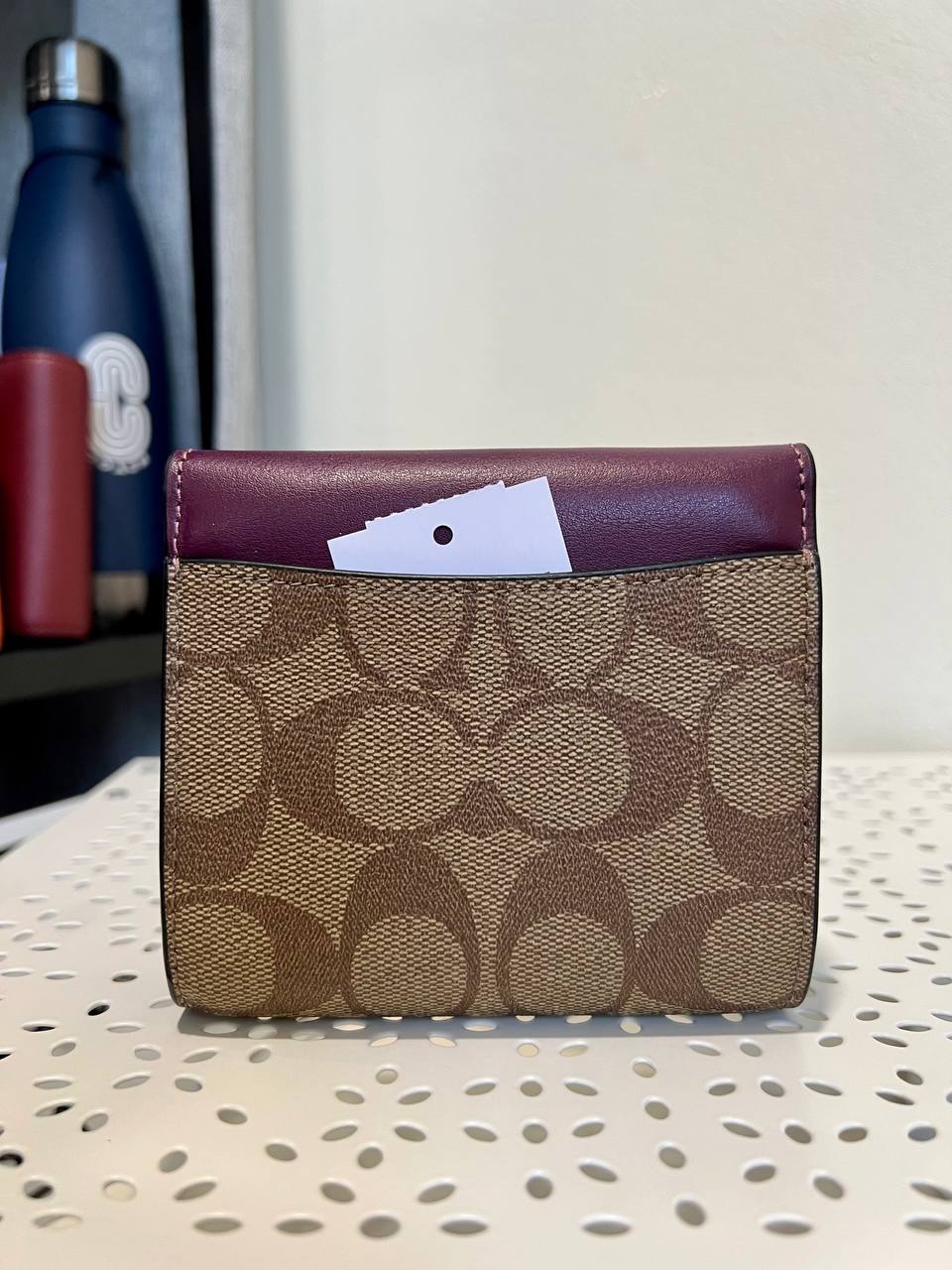 Coach Small Trifold Wallet in Signature Khaki / Deep Berry - Image 3