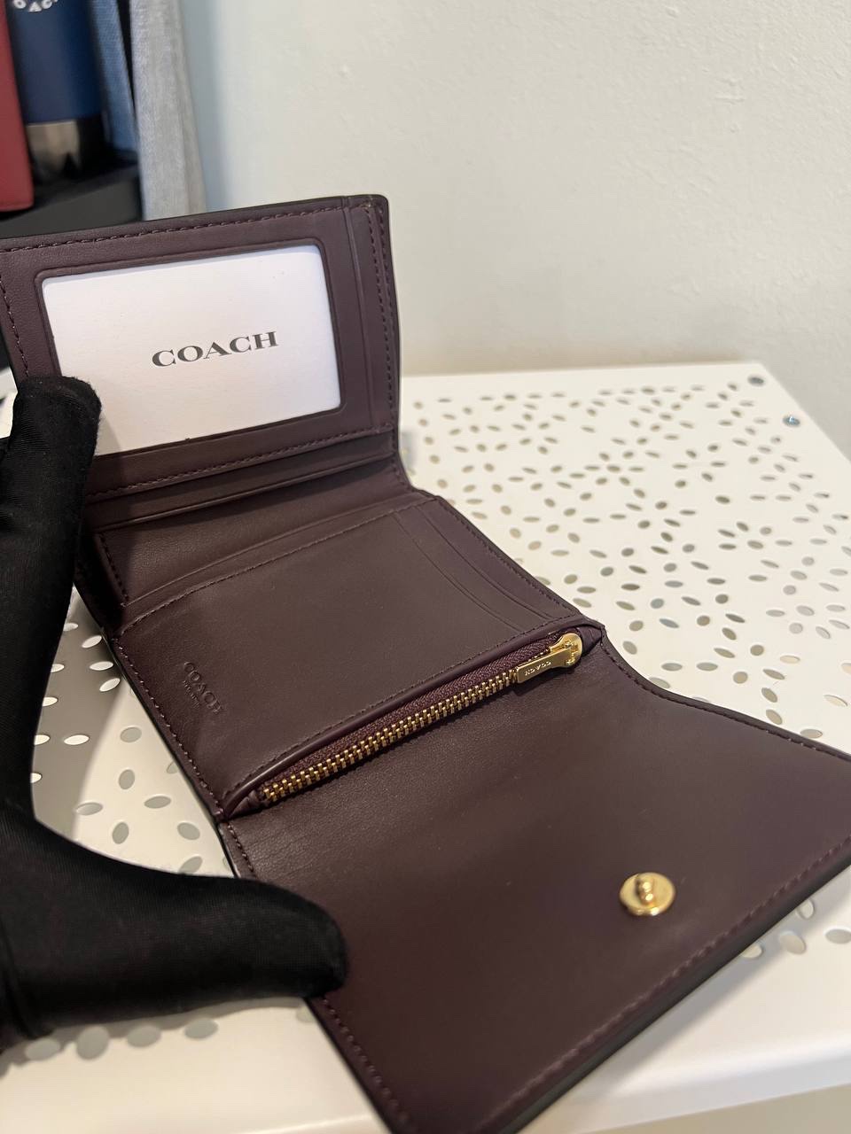 Coach Small Trifold Wallet in Signature Khaki / Deep Berry - Image 4