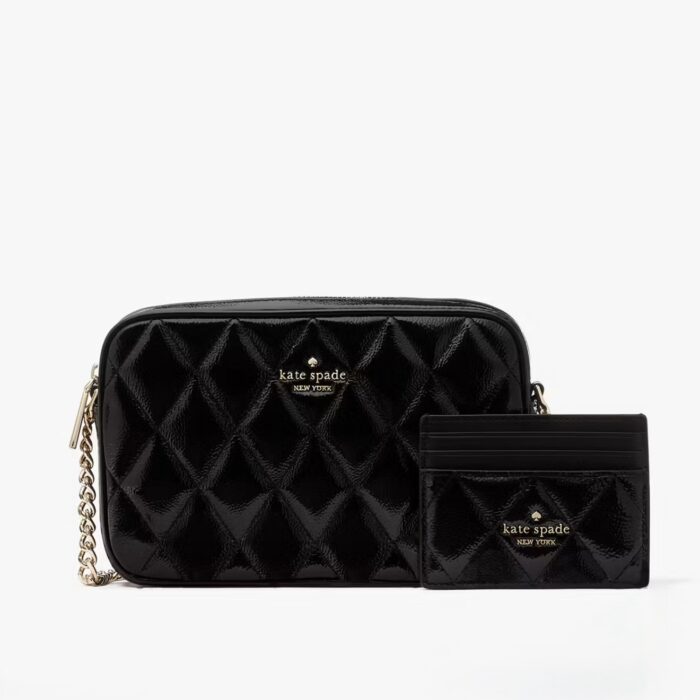 Kate Spade Glimmer Quilted Patent Leather Boxed Crossbody Set In Black
