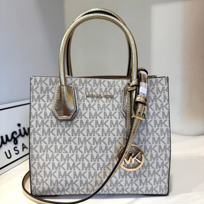 Michael Kors Mercer Medium Messenger in Signature Pale Gold Multi