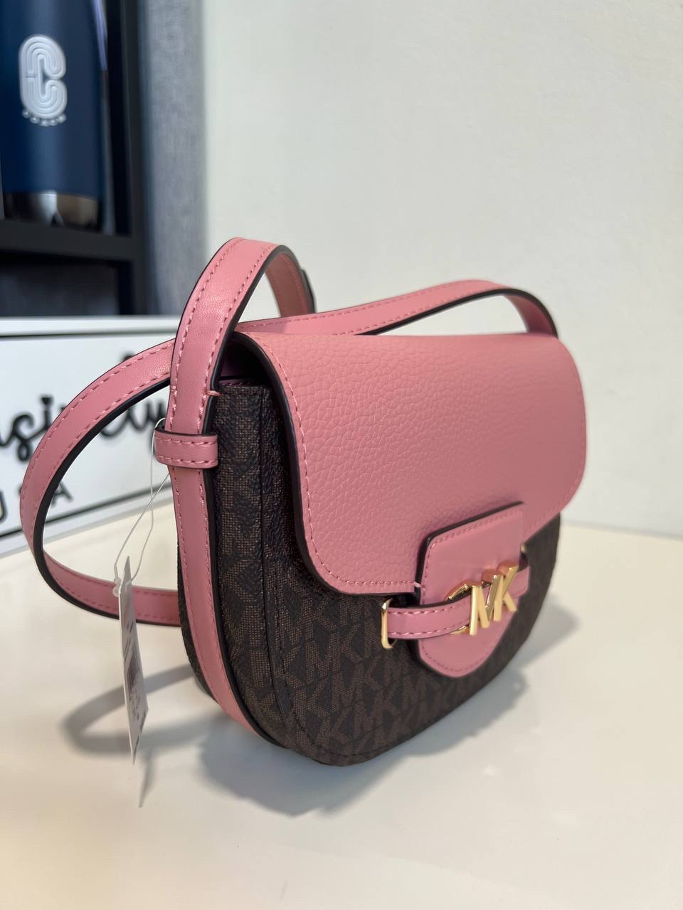 Michael Kors Reed Small Saddle Crossbody in Signature Brown / Primrose - Image 2