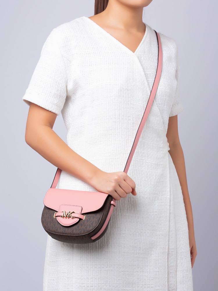Michael Kors Reed Small Saddle Crossbody in Signature Brown / Primrose - Image 5
