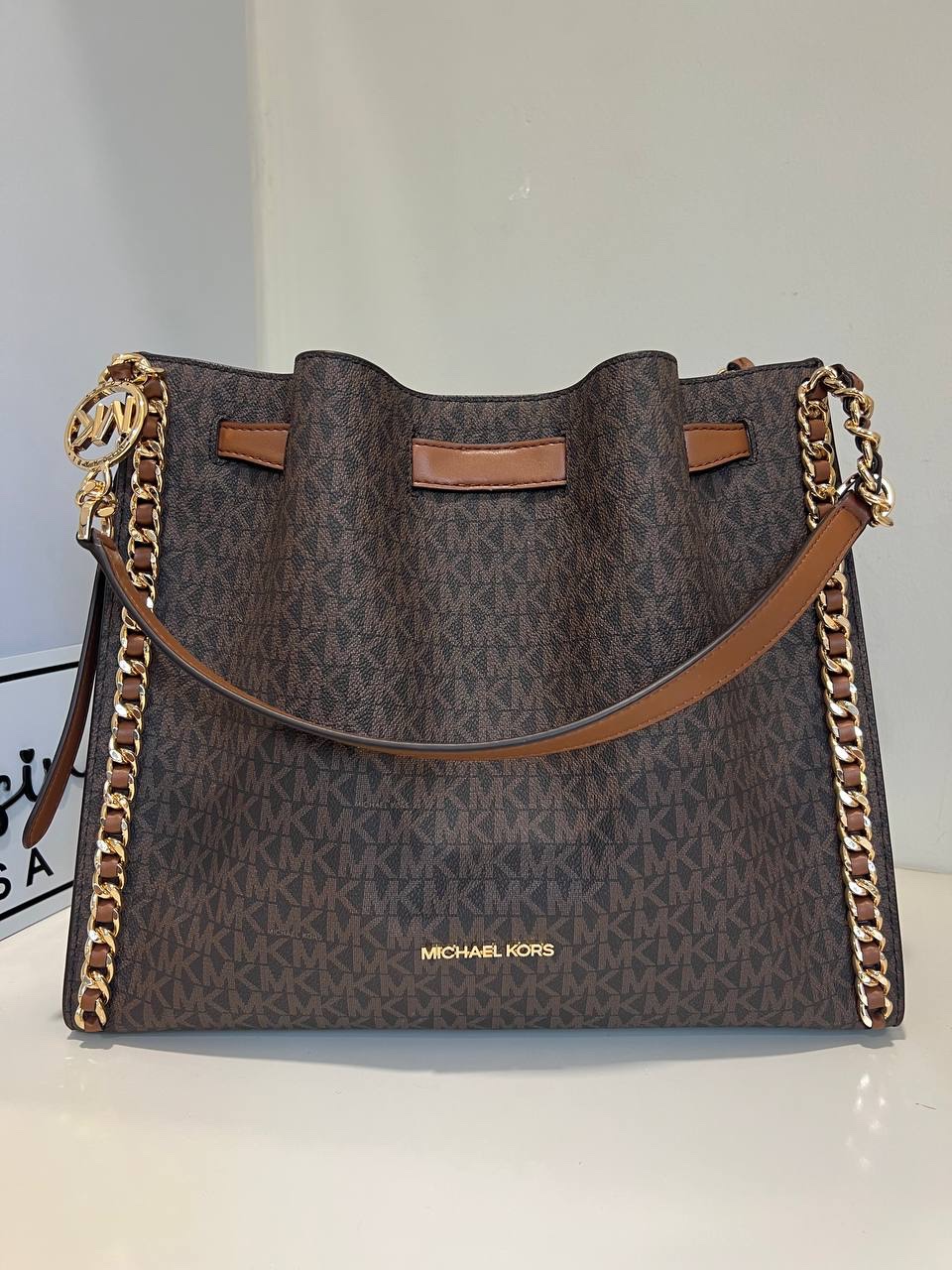 Michael Kors Mina Large Chain Shoulder Bag in Signature Brown