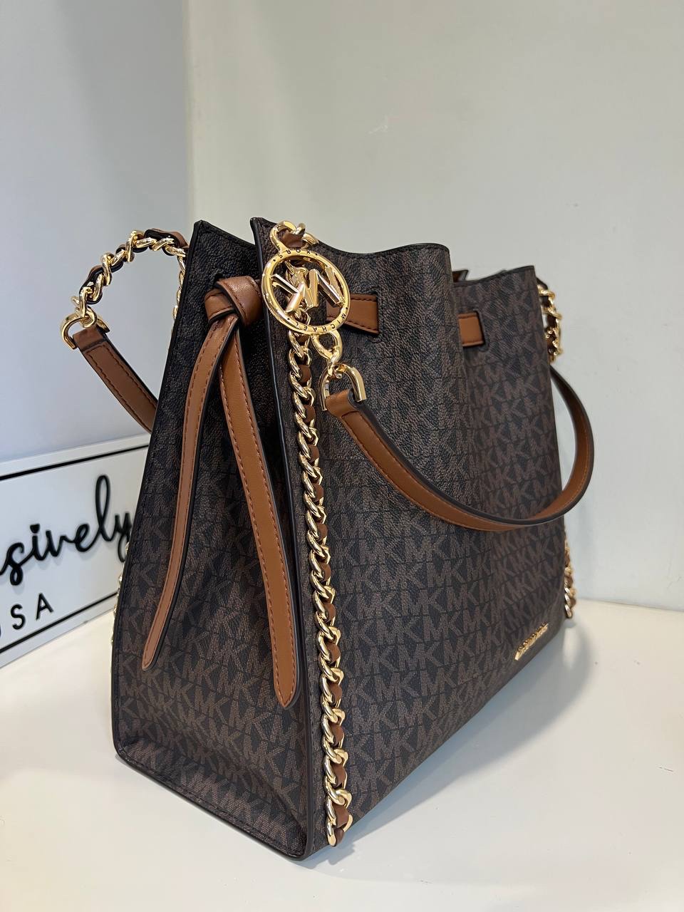 Michael Kors Mina Large Chain Shoulder Bag in Signature Brown - Image 2