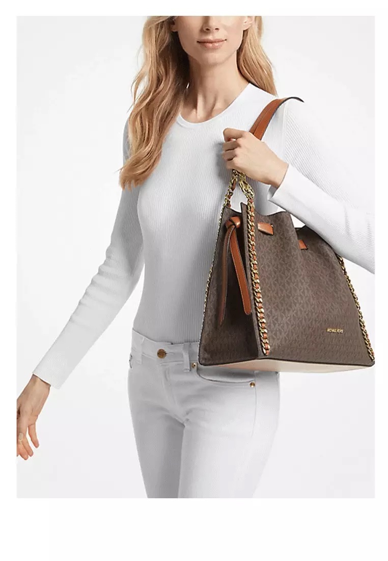 Michael Kors Mina Large Chain Shoulder Bag in Signature Brown - Image 5
