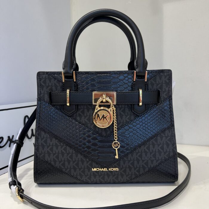 Michael Kors Hamilton Small Signature Logo and Snake Embossed Satchel in Black Multi