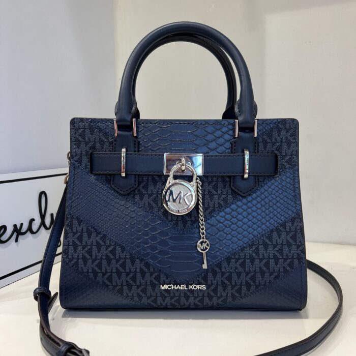 Michael Kors Hamilton Small Signature Logo and Snake Embossed Satchel in Navy Multi