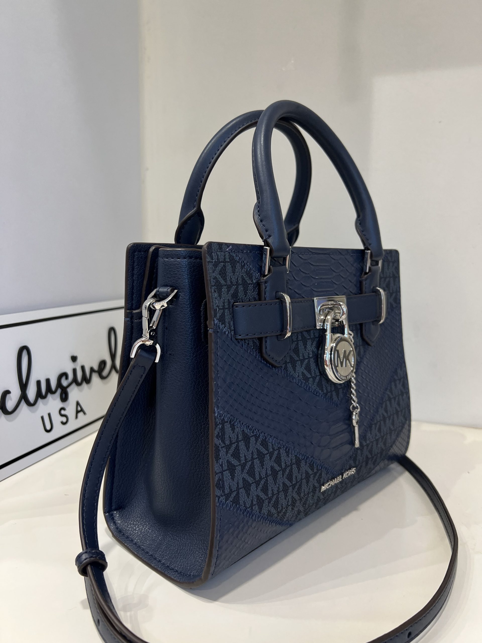 Michael Kors Hamilton Small Signature Logo and Snake Embossed Satchel in Navy Multi - Image 2