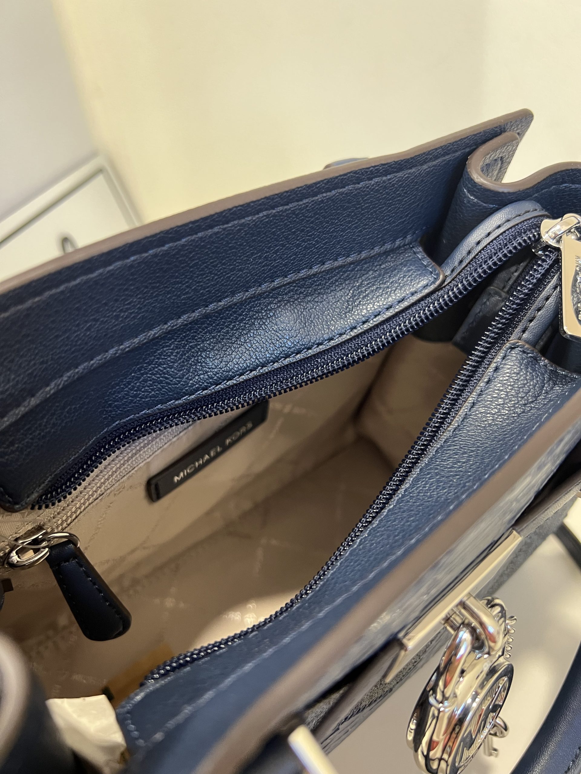 Michael Kors Hamilton Small Signature Logo and Snake Embossed Satchel in Navy Multi - Image 3