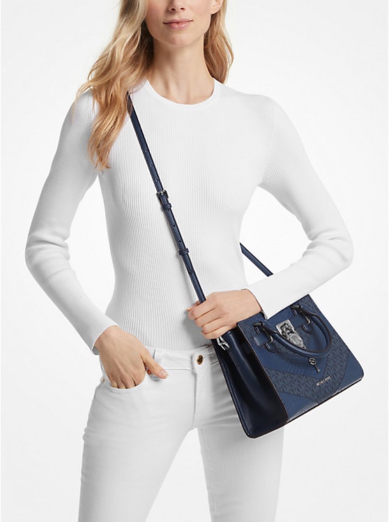 Michael Kors Hamilton Small Signature Logo and Snake Embossed Satchel in Navy Multi - Image 5