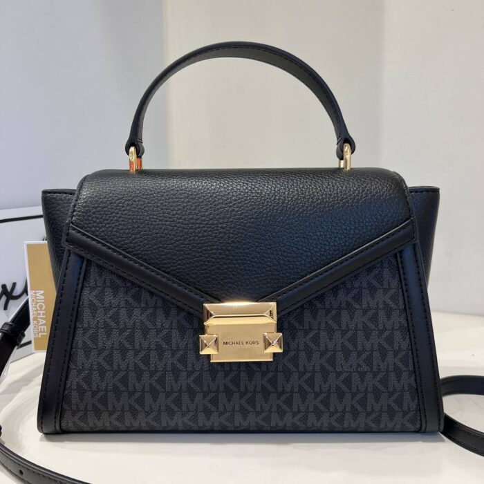 Michael Kors Whitney Medium Flap Top Handle Satchel in Signature Black