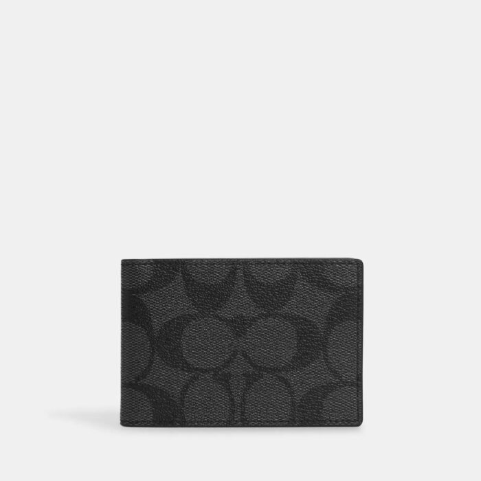Coach Compact Billfold Wallet In Signature Charcoal/ Black