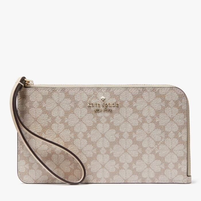 Kate Spade Lucy Spade Flower Medium L-zip Wristlet in Dark Beige