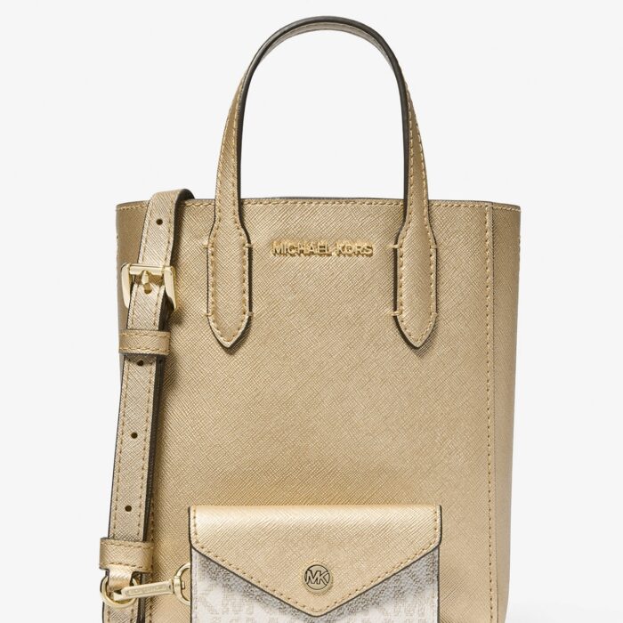 Michael Kors Vincent XS Metallic Crossbody Bag With Logo Card Case in Pale Gold