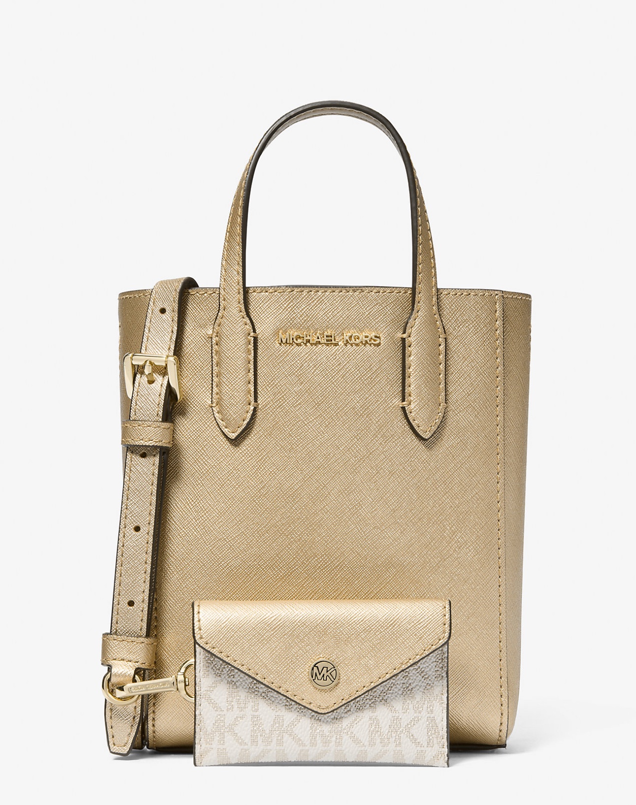 Michael Kors Vincent XS Metallic Crossbody Bag With Logo Card Case in Pale Gold