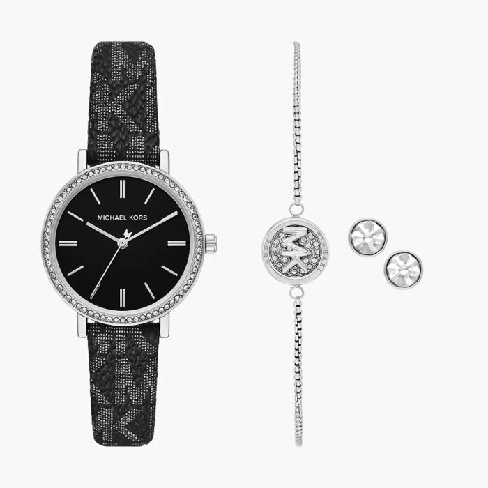 Michael Kors Three-Hand Black Metallic PVC Watch and Jewelry Set