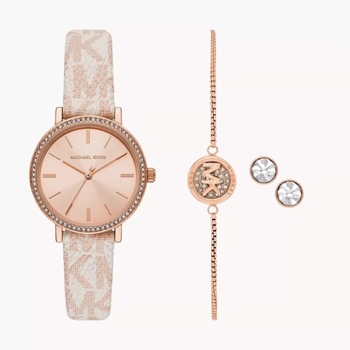 Michael Kors Three-Hand Rosegold Metallic PVC Watch and Jewelry Set