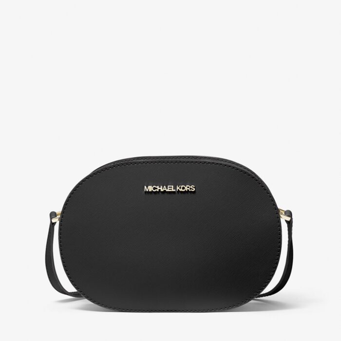Michael Kors Jet Set Travel Medium Oval Leather Crossbody Bag in Black