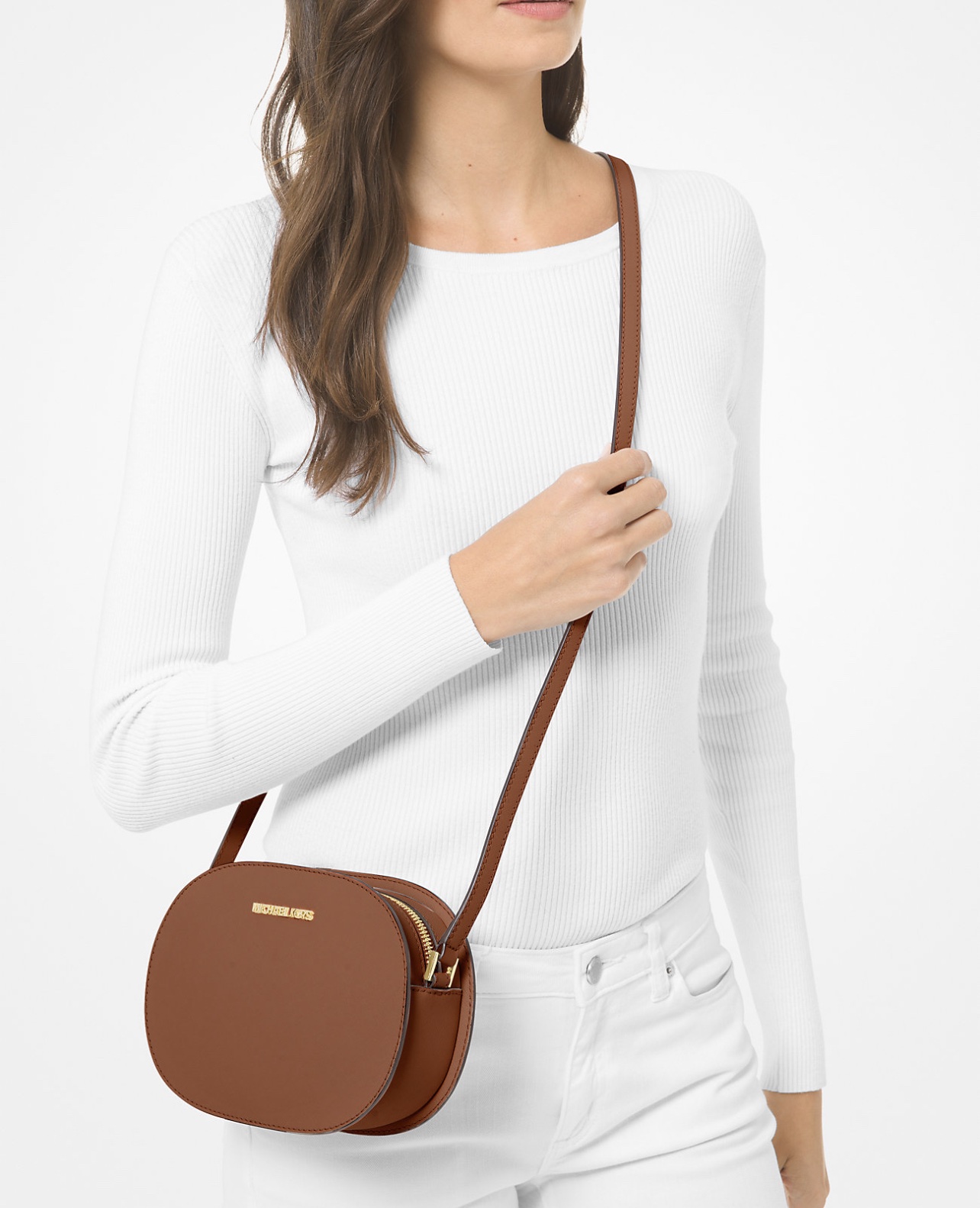 Michael Kors Jet Set Travel Medium Oval Leather Crossbody Bag in Luggage - Image 3